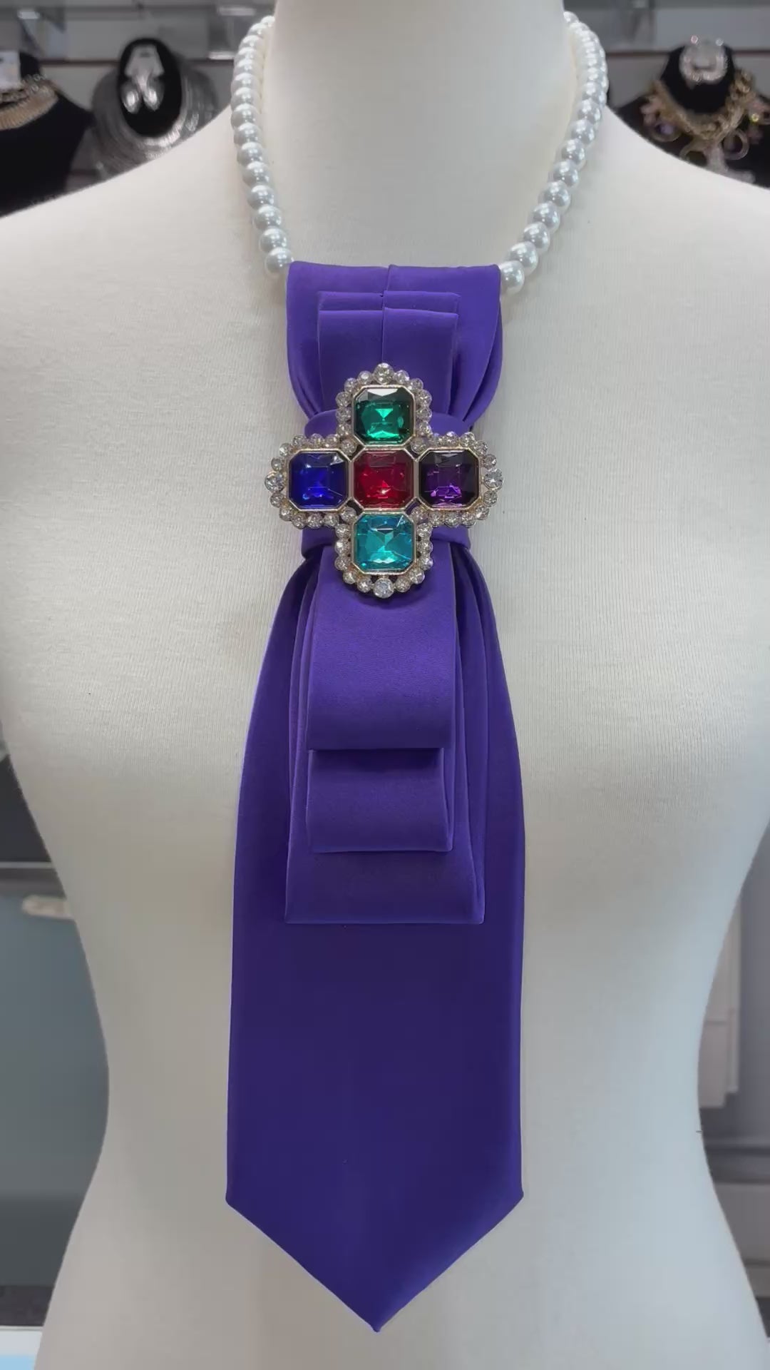 Custom Necktie Necklace - Purple w Multi Color Stone Cross Necklace