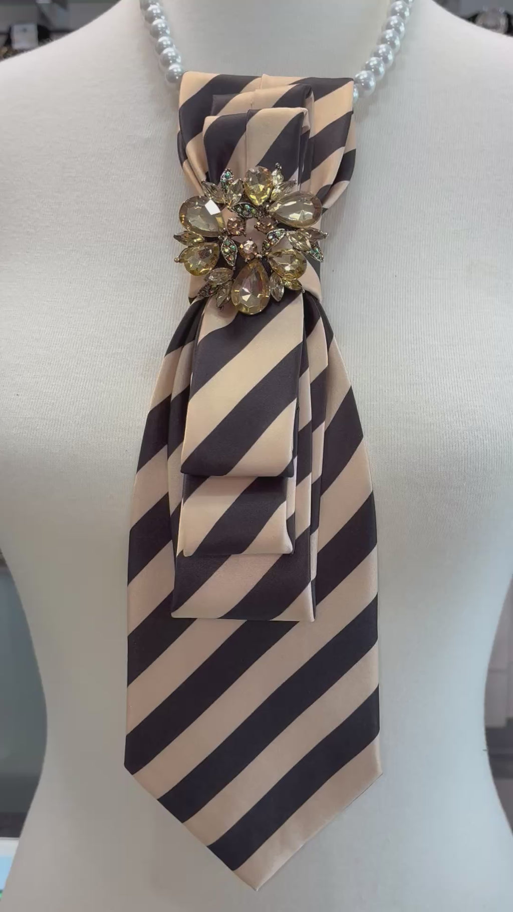 Custom Necklace Necklace - Brown/Khaki Stripe w Gold Floral Brooch