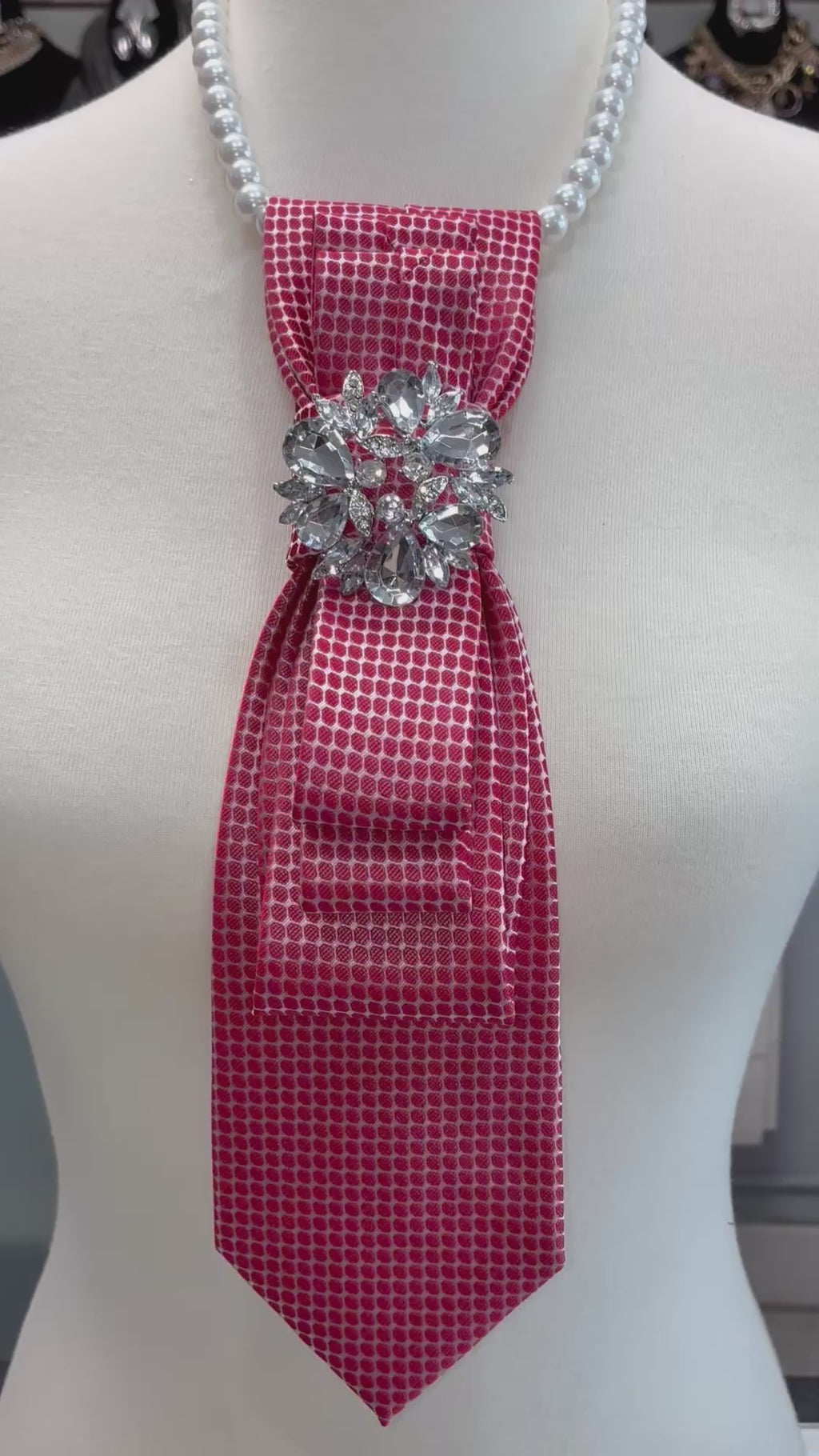Custom Necktie Necklace - Red/Silver W Silver Rhinestone Floral Brooch