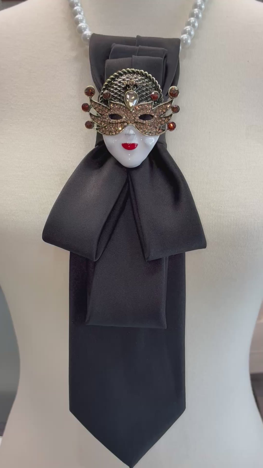 Custom Necktie Necklace - Black Satin w Mask Brooch