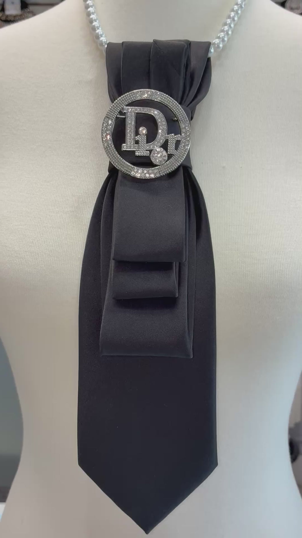 Black Necktie Necklace w Designer Inspired CD Brooch
