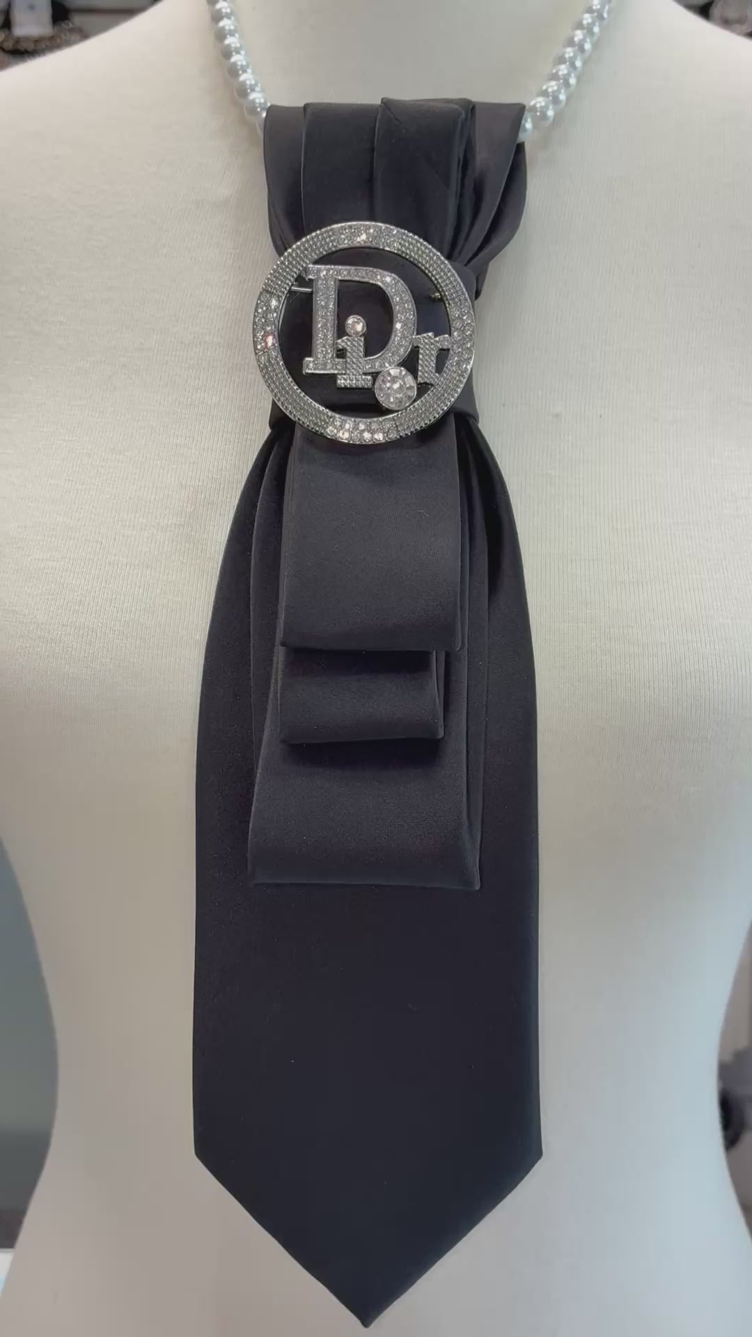 Black Necktie Necklace w Designer Inspired CD Brooch