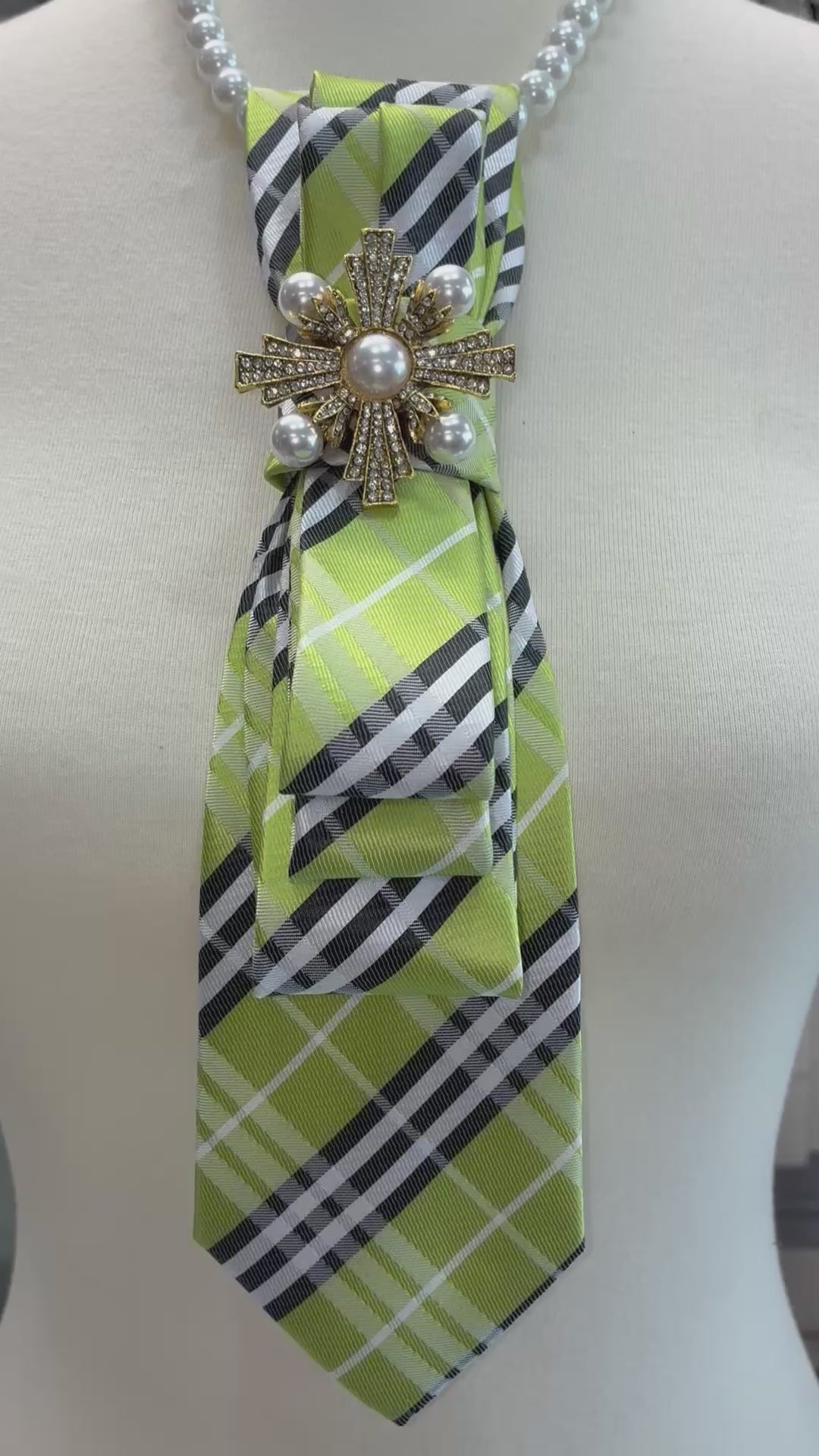 Custom Necktie Necklace - Green British Plaid w Pearl Brooch