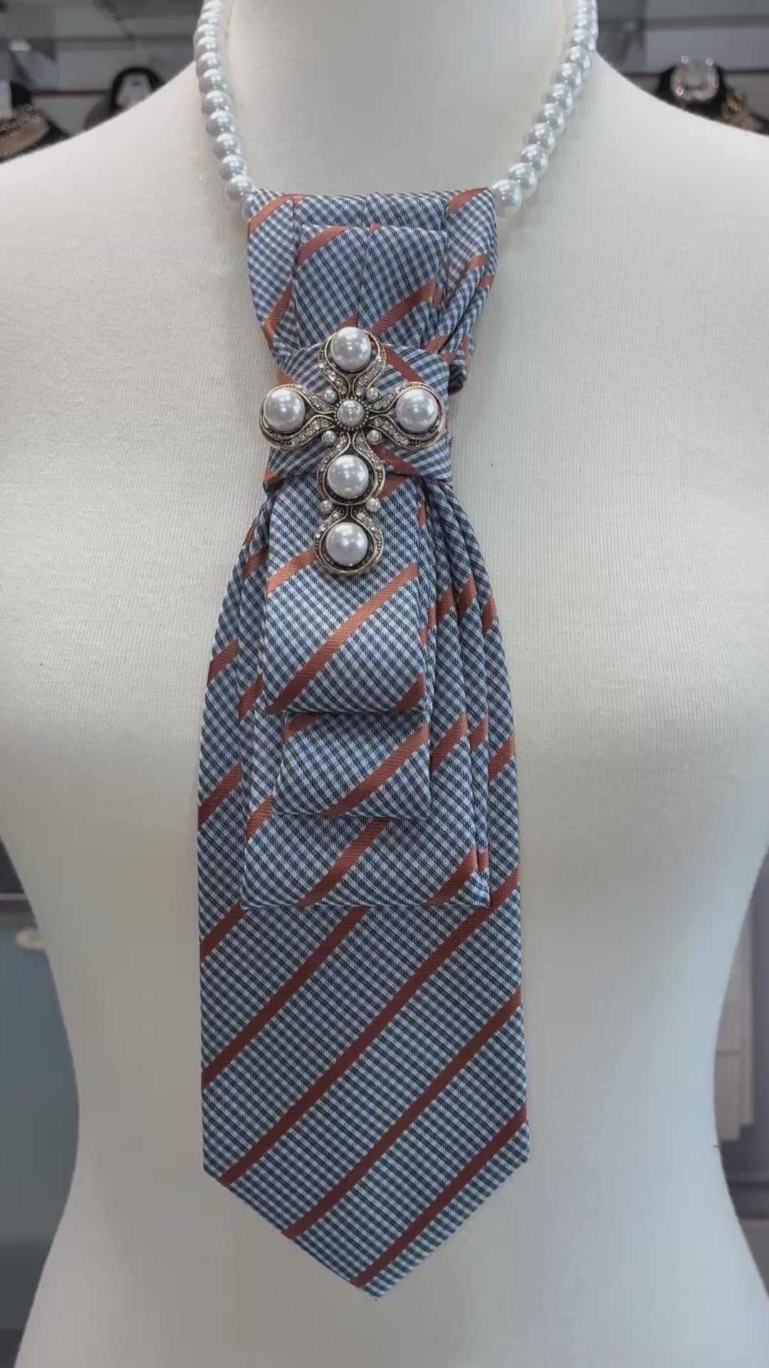 Custom Necktie Necklace - Gold/Black Plaid w Gold Pearl Brooch