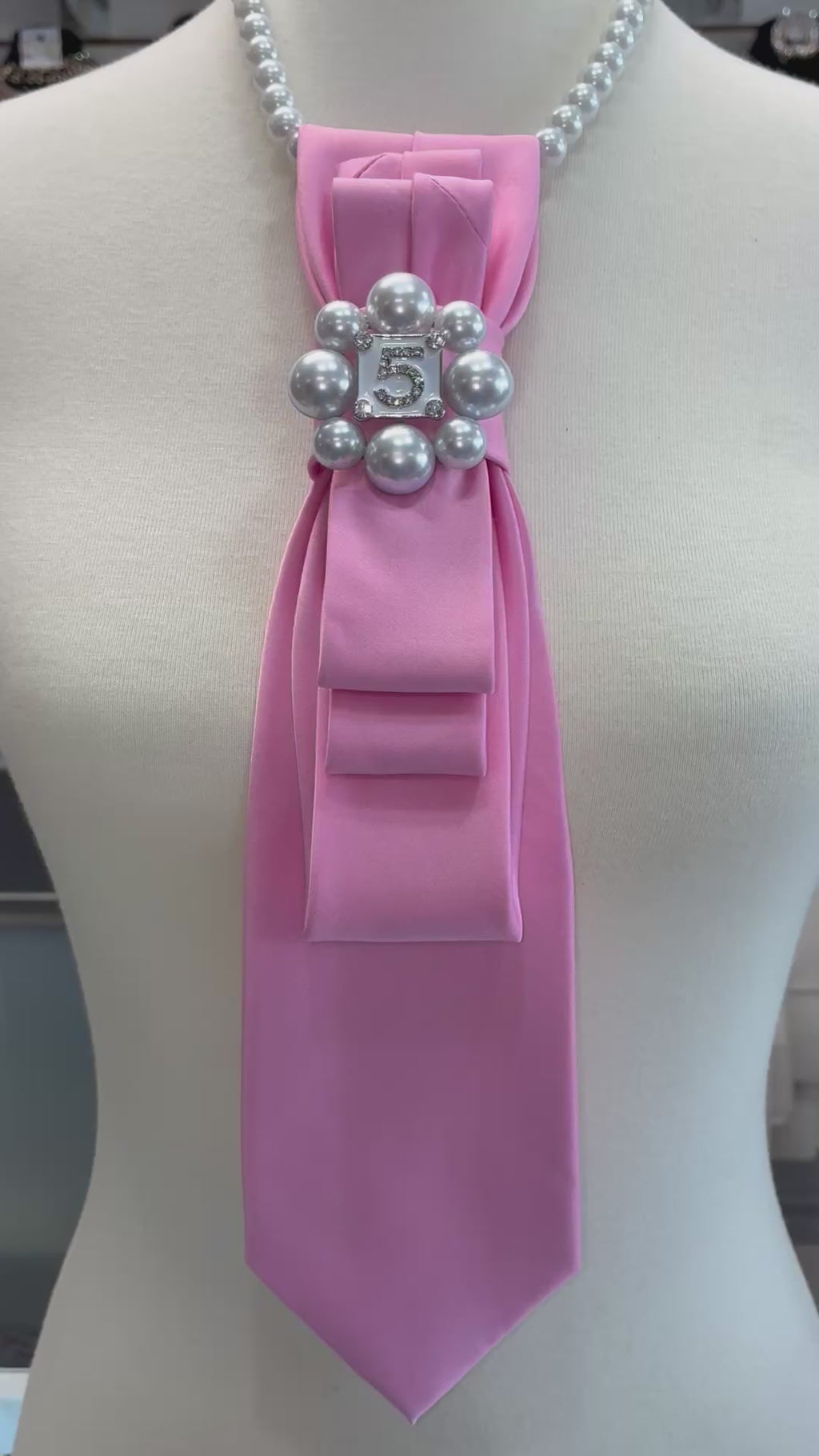 Custom Necktie Necklace - Pink Satin w #5 Designer Inspired Brooch