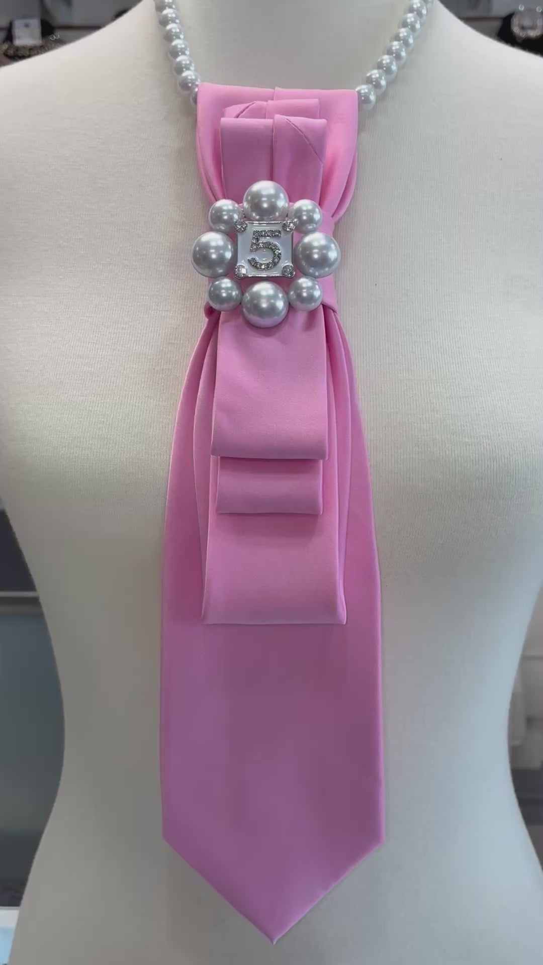 Custom Necktie Necklace - Pink Satin w #5 Designer Inspired Brooch